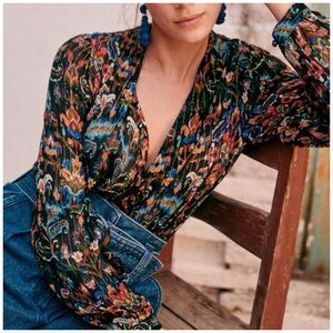 Sezane Multicolor Floral Print Long-Sleeve Blouse